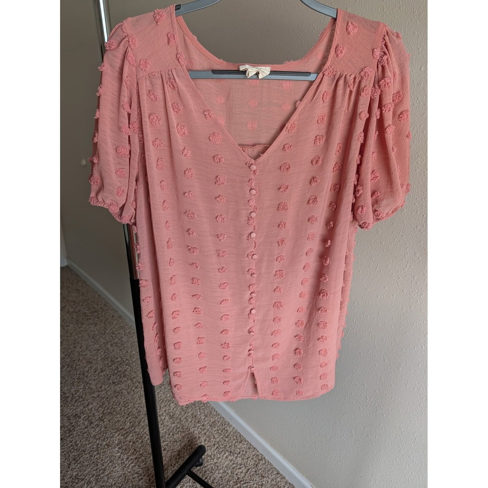 Flower & Feather Womens 2XL Coral Pink Swiss Dot Button Front Puff Sleeve Blouse